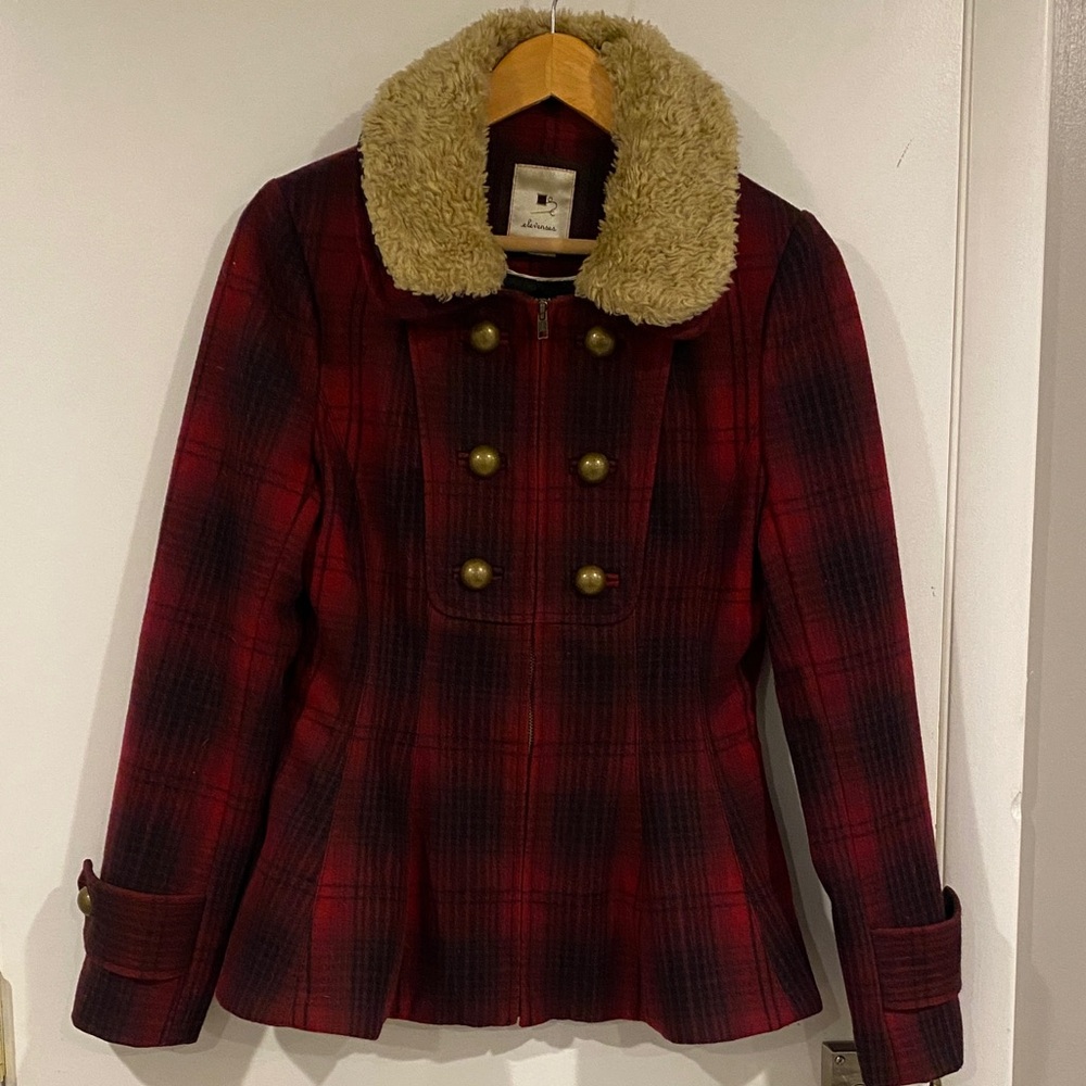 Anthropologie Elevenses Plaid Red Jacket with Faux Fur Collar